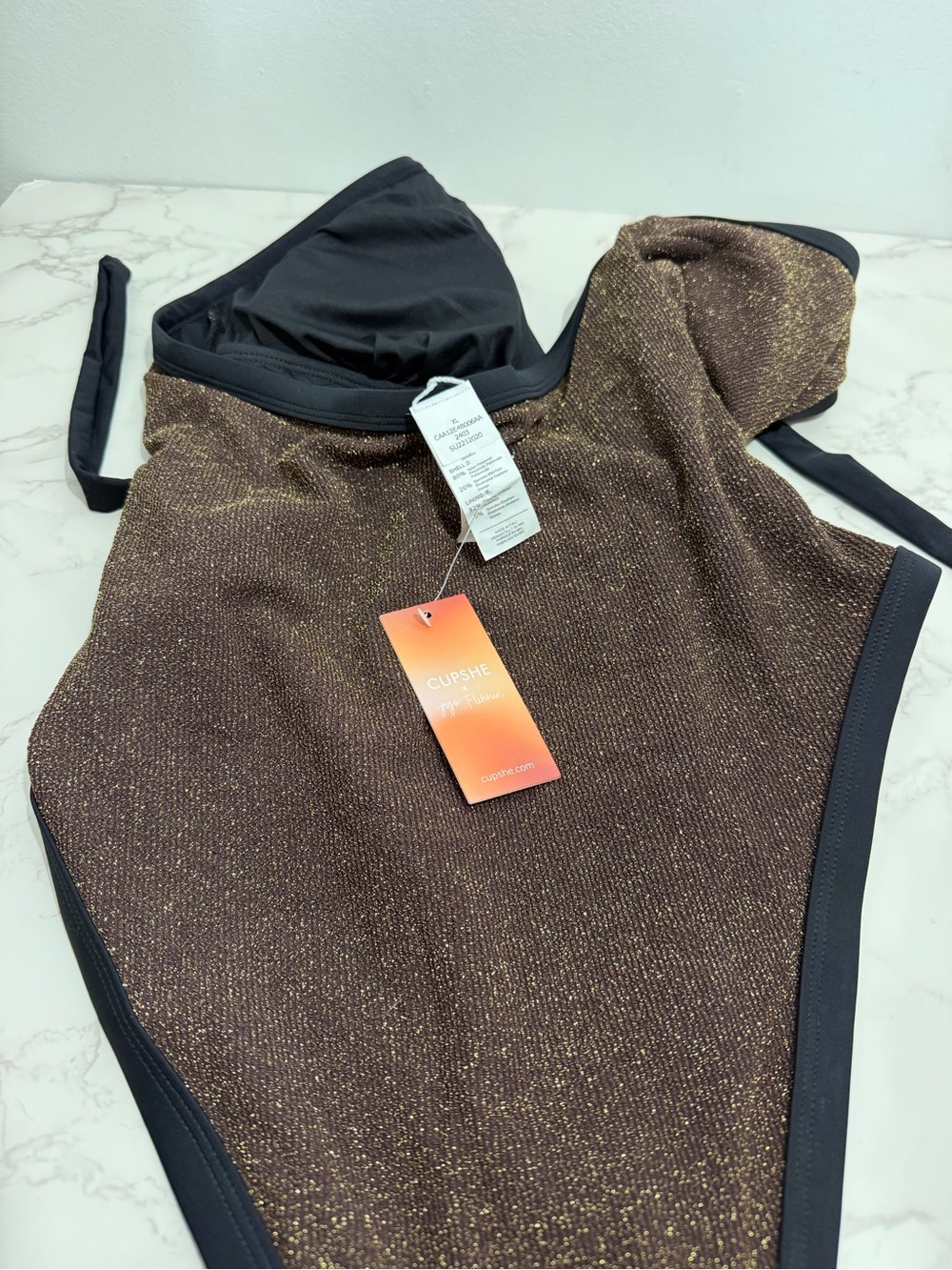 NWT Cupshe Shimmery Glitter Espresso One-Piece Swimsuit with Black Trim - XL - Picture 9 of 10